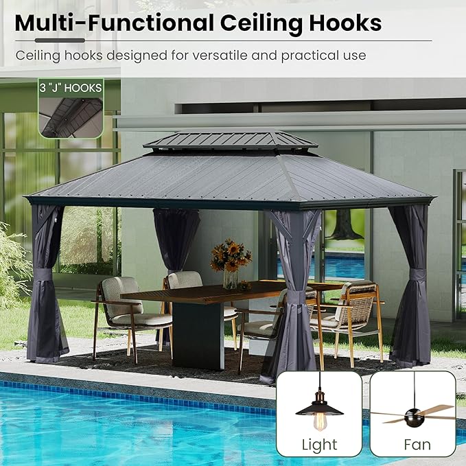 Domi 10' X 14' Hardtop Gazebo, Upgraded Metal Gazebo with Dual-Layer Resin Roof, Drainage System, Curtain and Netting, Outdoor Shelter Canopy for Patio, Garden, and Backyard, Grey