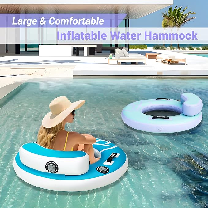 UPWELL Round Inflatable Pool Float Hammock with Backrest - Heavy Duty Mesh Mat for Adults, Tanning, Lakes and Rivers