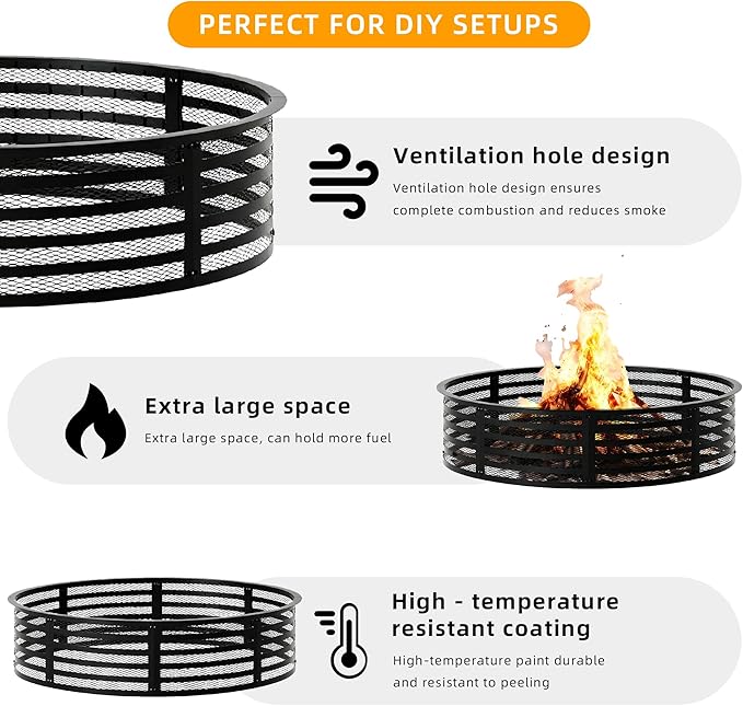 Smokeless Fire Pit Ring, 60 Inch Inner/62 Inch Outer, 11.9" Height, Heavy Duty Metal Fire Ring for DIY Fire Pits, Outdoor Above or In-Ground, Camping Garden Patio Backyard