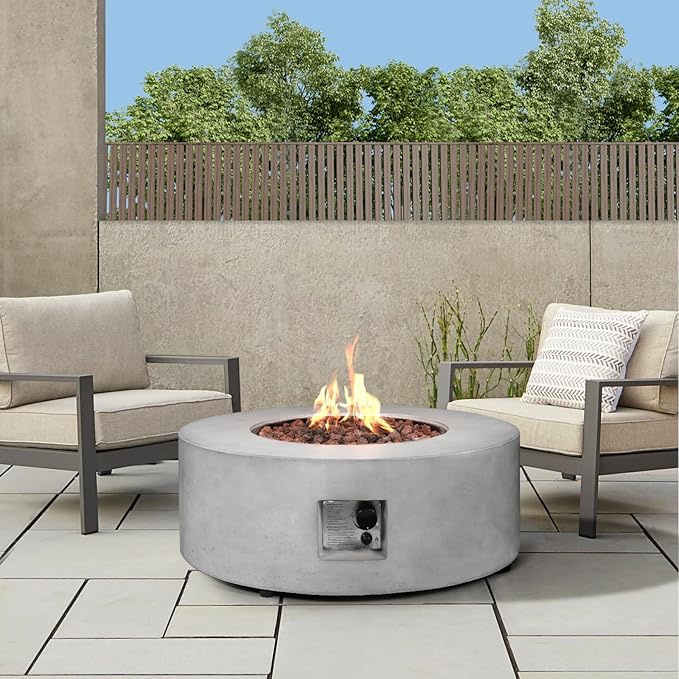36inch Round Concrete Fire Pit Table Propane 50,000 BTU Outdoor Fire Table Modern Firepit CSA Certification Natural Gas Firepits with Steel Lid, Rain Cover for Outside, Backyard, Deck