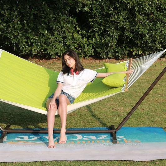 Lazy Daze Hammocks 12 FT Double Quilted Fabric Hammock with Spreader Bar and Detachable Pillow, Two Person Hammocks, 450lbs Weight Capacity (Light Green)