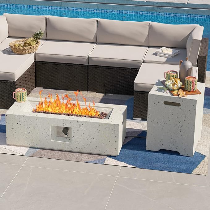 SUNBURY Outdoor Propane Fire Pit Table, 42 Inch Rectangular Firepit 40,000 BTU Heater Spotted White Patio Gas Fire Table Set with Conrete Tank Cover Small Side Table for Outside Poolside Deck