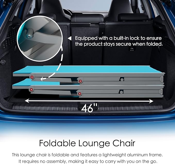 Kozyard Lounge Chair Outdoor Foldable Lounge Chair with 5 Adjustable Backrest Patio Lounger, Assemble-Free, Recliner and Full Flat Chairs for Patio Beach Pool (Aqua Textilence W/O Table)