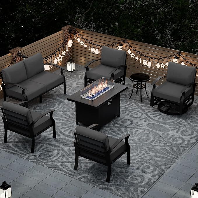 Aluminum Patio Furniture Set with Fire Pit Table, 6 Seats Outdoor Patio Conversation Set with Swivel Chair Modern Metal Patio Sectional Sofa with Upgrade Cushions for Patio, Backyard Grey.