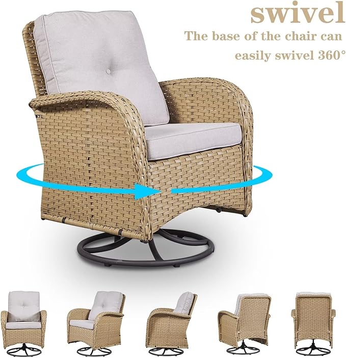 Belord 3PC Patio Furniture Set - Swivel Rocker Chair Bistro Set with Rattan Side Table, Natural Wicker/Beige Cushion