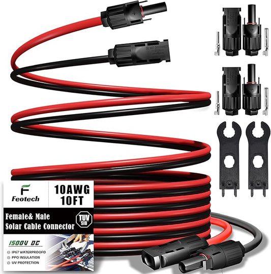 Twin Wire 10FT Solar Extension Cable - 10AWG (6mm²) Solar Panel Connector, with IP67-Male/Female Solar connectors for Outdoor Automotive RV Boat Marine Solar Panel- Black & Red