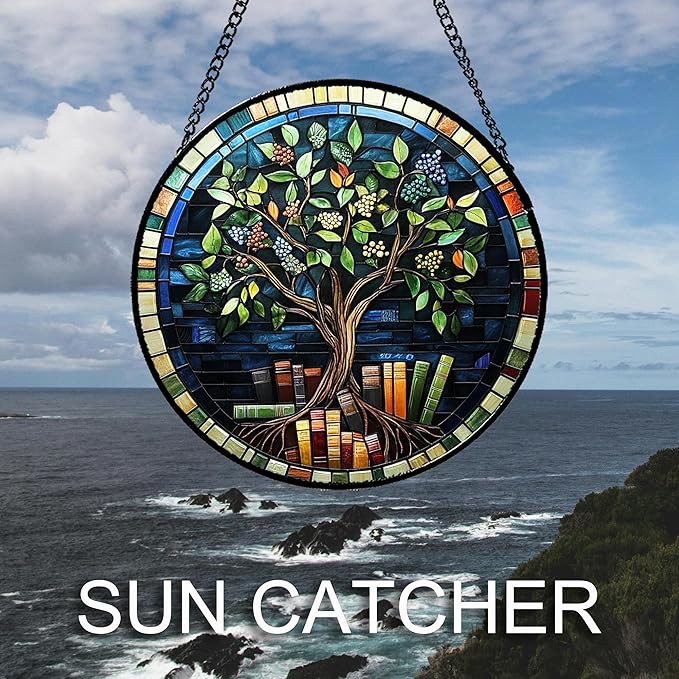 QZQCBLC Stained Glass Window Hanging Green Life Tree Berry Book 9.8" - Blue Suncatcher Door Garden Sun Catcher Home Decor Birthday Christmas for Mom Men Woman Nana Friend