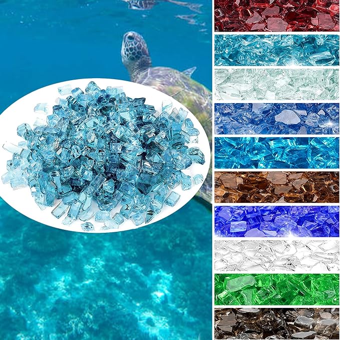 Onlyfire 10 lbs Fire Glass for Propane Gas Fire Pit, 1/2-Inch High Luster Fireplace Glass Rocks for Fire Pit Table, Aqua Blue