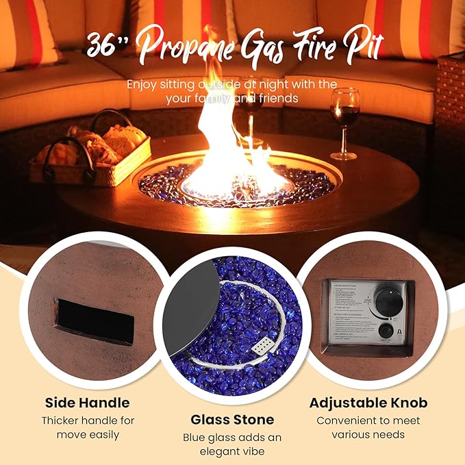 SUNSITT Outdoor 36" Propane Fire Pit with Tank Table 50,000 BTU Round Patio Propane Firepit Table with Tank Holder, Pit Cover, Metal Lid & Fire Glass, Bronze