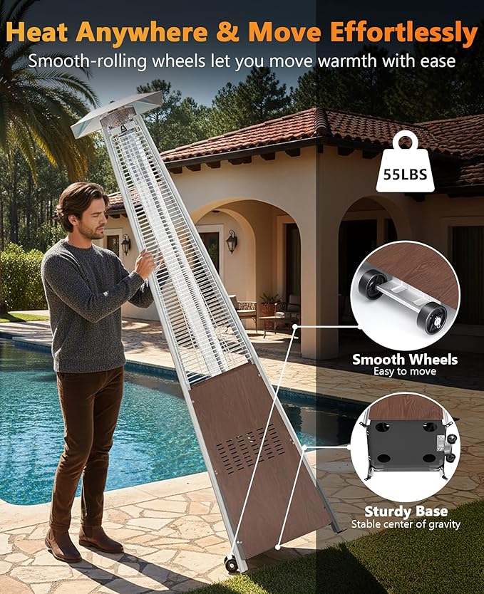 HUGROVE Pyramid Patio Heater, 48,000 BTU Rapid Heating Outdoor Propane With Wheels and Weatherproof Cover, Triple Protection System for Patio, Backyard, Garden, Pool (1 Brown Heater)