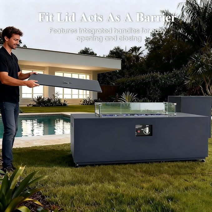LayinSun 42 Inch Outdoor Fire Pit Table for Outside Patio, 55000BTU Rectangle Propane Firepit with Hidden Fuel Tank, Glass Wind Guard, Waterproof Cover and Lid