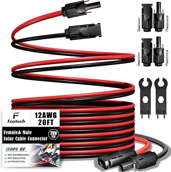 Twin Wire 20FT Solar Extension - 12AWG (4mm²) Solar Connector, with 4 Pairs-IP67-Male/Female Solar connectors for Outdoor Automotive RV Boat Marine Solar - Black & Red