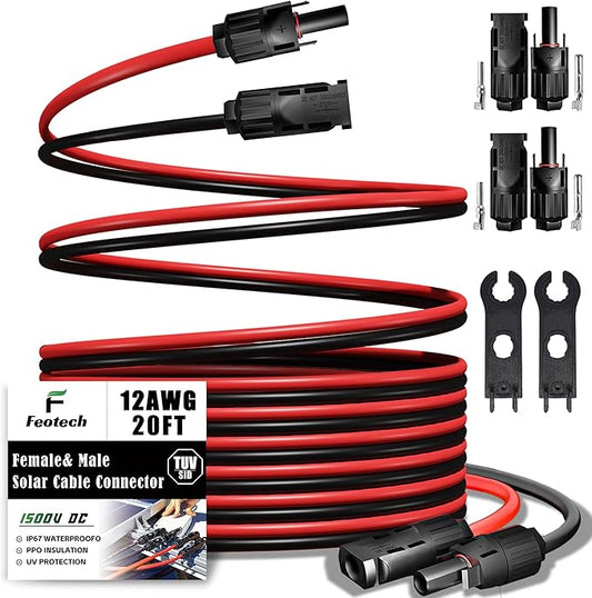 Twin Wire 20FT Solar Extension - 12AWG (4mm²) Solar Connector, with 4 Pairs-IP67-Male/Female Solar connectors for Outdoor Automotive RV Boat Marine Solar - Black & Red