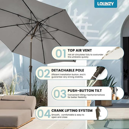 LOUNZY 9FT Large Outdoor Patio Umbrella Table Umbrella-UV Resistant,Easy Push Button Tilt and Crank,8 Sturdy Fiberglass Ribs Pool Umbrella for Patio,Backyard,Deck,Yard,Market