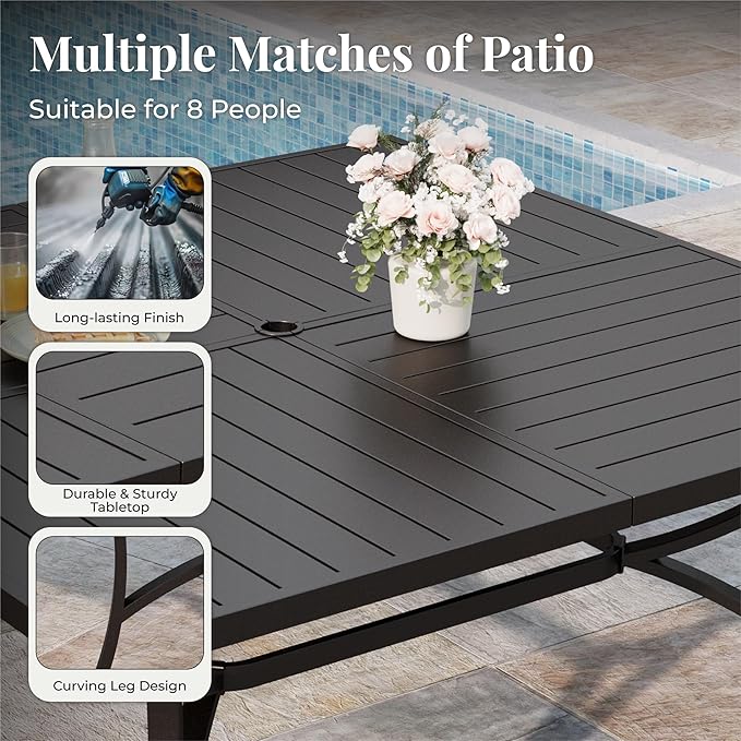 9 Pieces Patio Table and Chairs Set, Patio Dining Set for 8, 8 Red Textilene Chairs and 1 Large Square Patio Dining Table with Umbrella Hole, for Deck Backyard Lawn Poolside