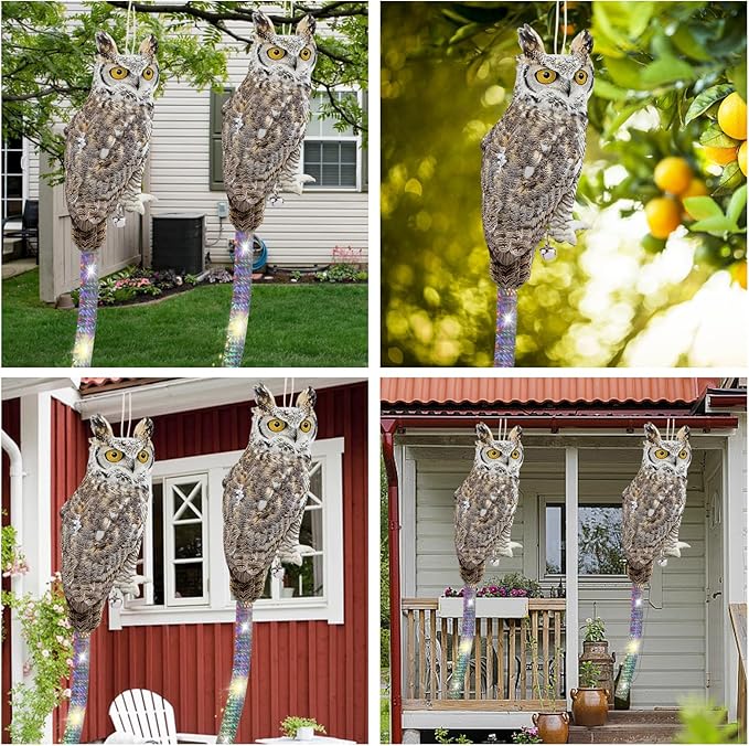 2PCS Reflective Owl Scarer Devices Plastic Owl Hanging Decoration Woodpecker Control Device with Reflective Tape for Garden Patio Pool