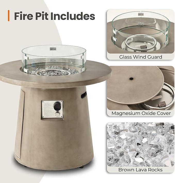 HOMPUS Outdoor Propane Fire Pit, 31 inch Round Gray Propane Fire Pit with 10lbs Aqua Transparent Gray Fire Glass, 40000 BTU Gas Smokeless Fire Pit Table, Patio Concrete Firepit with Rain Cover