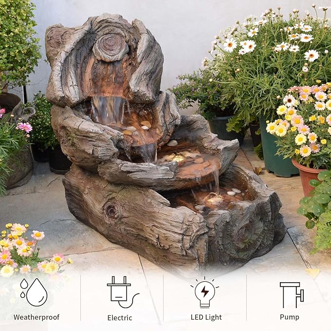 31.5" L Garden Water Fountain Indoor/Outdoor, Artifical Imitation Wood Outdoor Water Fountain Natural Waterfall with LED Lights for Patio,Porch,Backyard,Home Art Decor Big Clearance