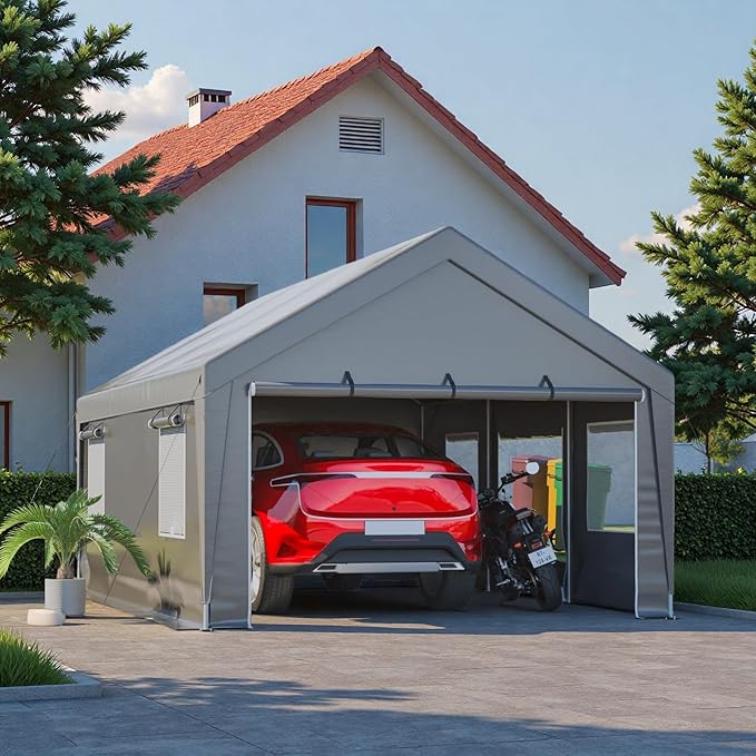 13x20 FT Heavy Duty Carport, Outdoor Storage Shed Tent with 2 Roll-Up Doors, Side Panels & Galvanized Steel Frame, All-Season Garage Shelter with Dual Mesh Ventilation Windows, Silver