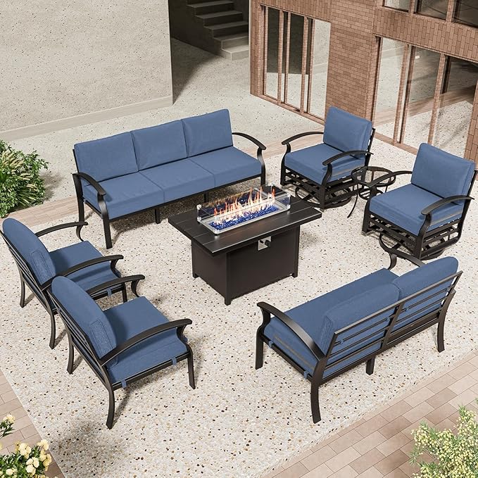 Aluminum Patio Furniture Set with Fire Pit Table, 9 Seats Outdoor Patio Conversation Set with Swivel Chair Modern Metal Patio Sectional Sofa with Upgrade Cushions for Patio, Backyard (Navy)