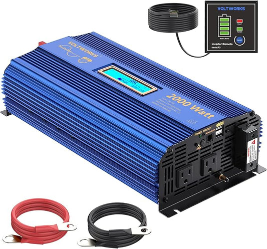 VOLTWORKS 24 Volt 2000W Pure Sine Wave Power Inverter 24V DC to 110V 120V AC and Hardwire Block with LCD Display Remote Controller Compatible with Lithium Battery for Off-Grid Solar RV Car Truck Boat