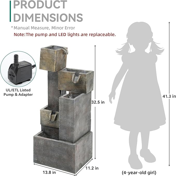 Autodaya 32.5" Modern Outdoor Water Fountain with LED Lights, 5-Tier Stacked Blocks Garden Fountain Cascading Waterfall Feature for Relaxing Garden, Patio, Backyard, Deck, Porch or Home Décor