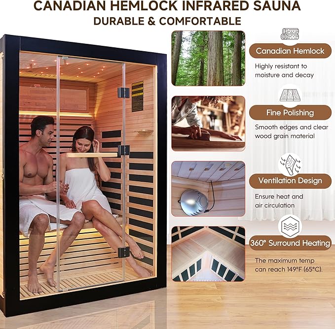 RIGO 2 Person Infrared Sauna for Home - Canadian Hemlock Luxury Spa with Exclusive Star Sky Roof & Oxygen Bar, 7 Low EMF Graphene Heaters, Bluetooth
