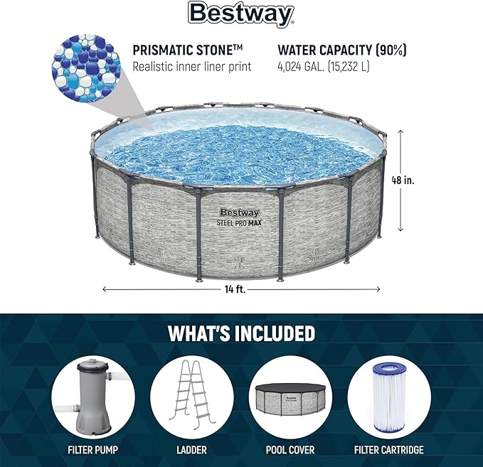 Bestway Steel Pro MAX 14' x 48" Above Ground Pool, Round Metal Frame Outdoor Swimming Pool Set with Filter Pump, Ladder, and Cover, Gray Stone Print
