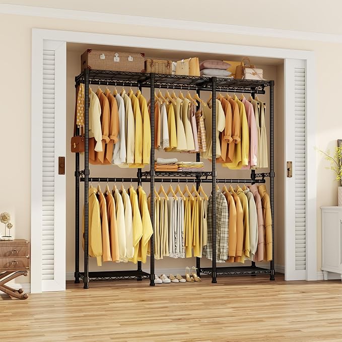 Portable Closet Heavy Duty Clothes Rack, Freestanding Clothing Racks for Hanging Clothes, Adjustable Garment Wardrobe Rack with 4 Hang Rods & Shelves ,73.6" L x 17.3" W x 76.4" H, Black