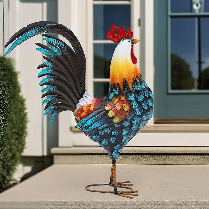 Autodaya 32" Metal Rooster Decor, Outdoor Garden Statues, Metal Chicken Sculpture for Backyard Patio Kitchen Decor