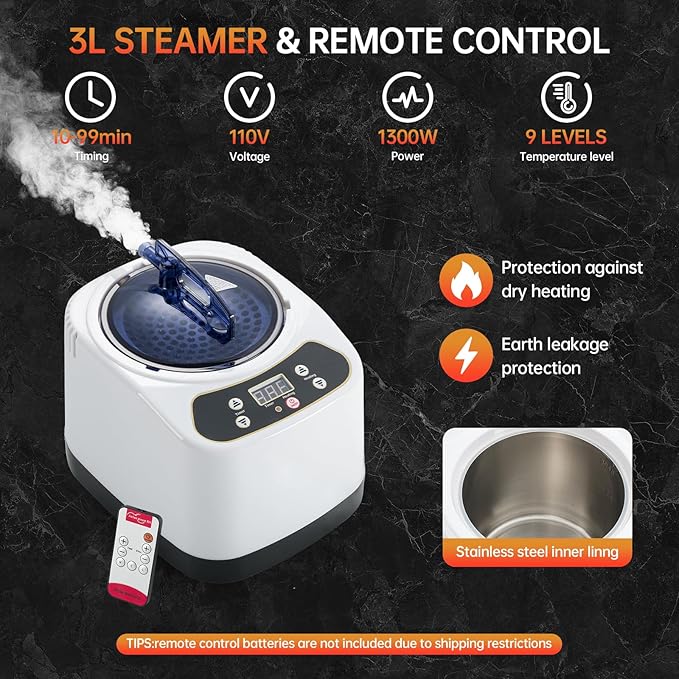 Sauna Steamer, 3L Large Capacity Portable Steam Generator with Remote Control Lightweight Steamer Pot Steam Cup with Timer for Home Steam Saunas