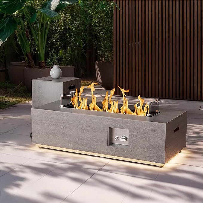 42 inch Propane Fire Pit Table, 2 in 1 Outdoor Fire Pit with 20lb Tank Cover, Outside Patio Deck and Garden, LED Gas Fireplace Table with Lid and Stone, 50,000 BTU Adjustable Flame, Grey