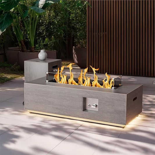 42 inch Propane Fire Pit Table, 2 in 1 Outdoor Fire Pit with 20lb Tank Cover, Outside Patio Deck and Garden, LED Gas Fireplace Table with Lid and Stone, 50,000 BTU Adjustable Flame, Grey