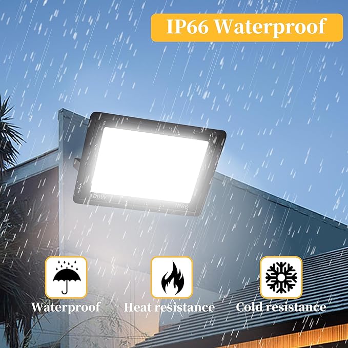 4 Pack 100W LED Flood Lights Outdoor Plug in, 10000 LM Super Bright Outdoor Lights, Portable IP66 Waterproof LED Work Light, 6000K Daylight White Floodlights for Garage Yard Garden Playground