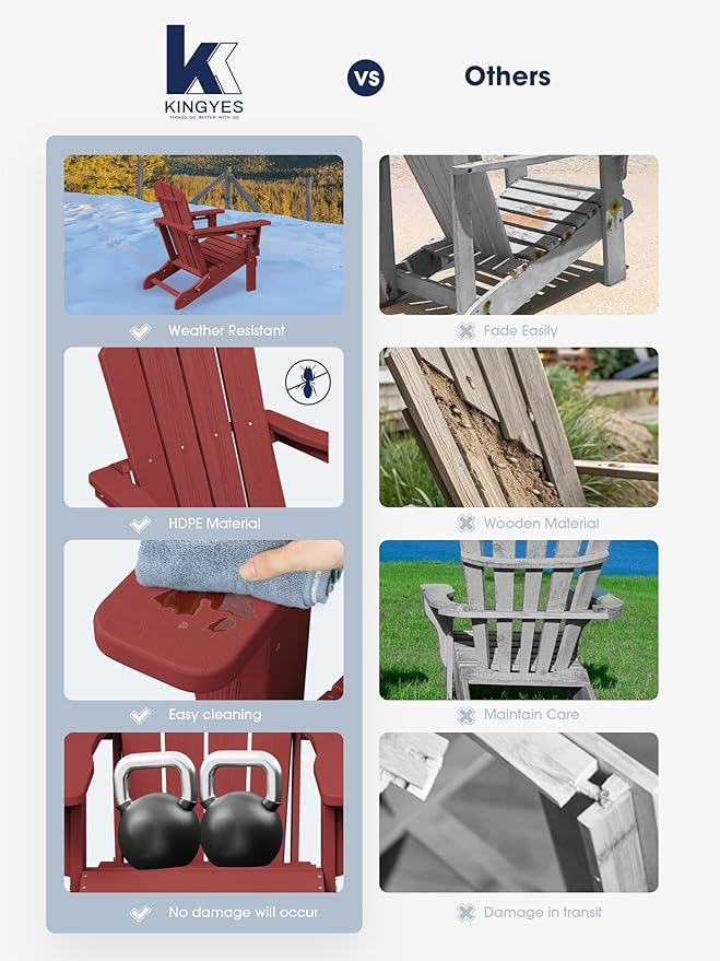 KINGYES Folding Adirondack Chair Set of 6, Dual Cup Holders & All-Weather HDPE, Wood-Like Patio Chair for Backyard, Camping, Pool & Fire Pit, Dark Red