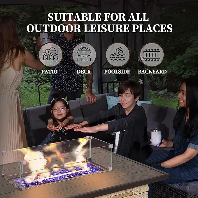 PIZZELLO 43¡± Propane Fire Pit Table Outdoor Rectangular Stone Firepit Table 50,000 Btu Propane Fire Tables for Outside Patio with Glass Wind Guard, Lid, Fire Glass Beads,Buff Rock Look