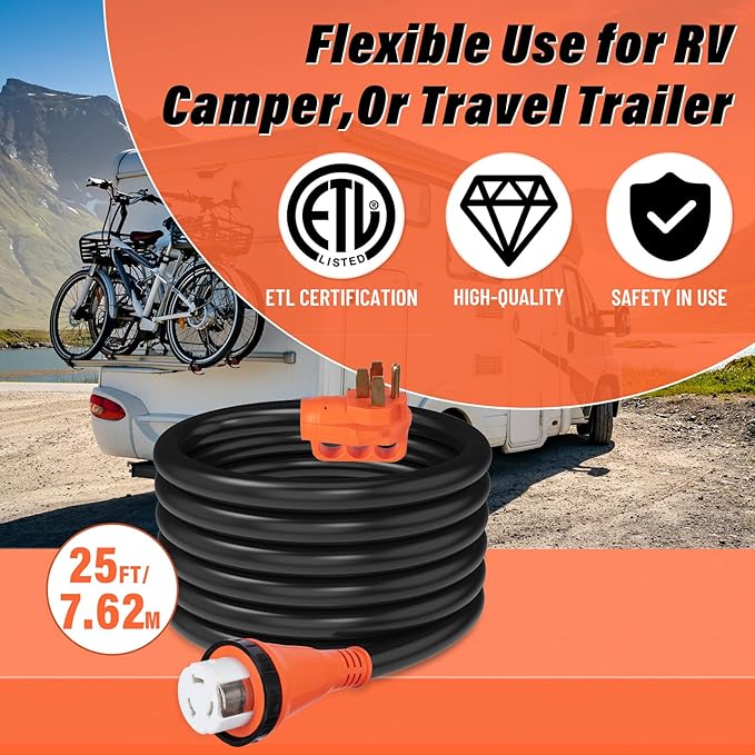 WELLUCK 50 Amp 25FT RV Power Extension Cord with Cord Organizer, Heavy Duty NEMA 14-50P to SS 2-50R RV Twist Locking Adapter Plug for RV Camper and Generator to House,RV Gauge, ETL Listed