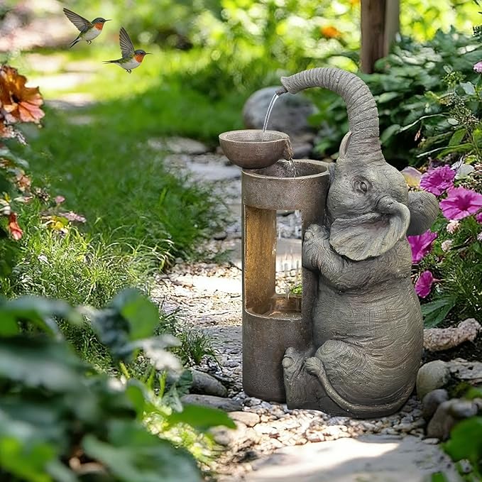 Tankana Elephant Waterfall Fountain for Indoor Desktop & Outdoor Use Small Garden Water Feature with LED Light Quiet Mini Cute Table Water Fountains for Patio, Yard, Home Decor
