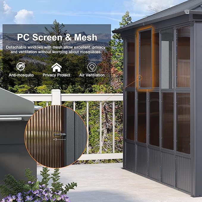 PURPLE LEAF 10' X 15' Enclosed Gazebo Outdoor Sunroom Solarium Permanent Hardtop Screened Gazebo Galvanized Steel Double Roof Aluminum Patio Enclosure for Lawn Deck Backyard Grey