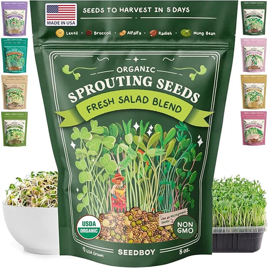 Seedboy Organic Non-GMO Sprouting Seeds, Fresh Salad Blend – USA Grown Microgreens Mix with Alfalfa, Broccoli, Radish, Mung Bean & Lentil – 8 oz Bag Makes 8 Quarts / 24 Servings (Salad Blend)