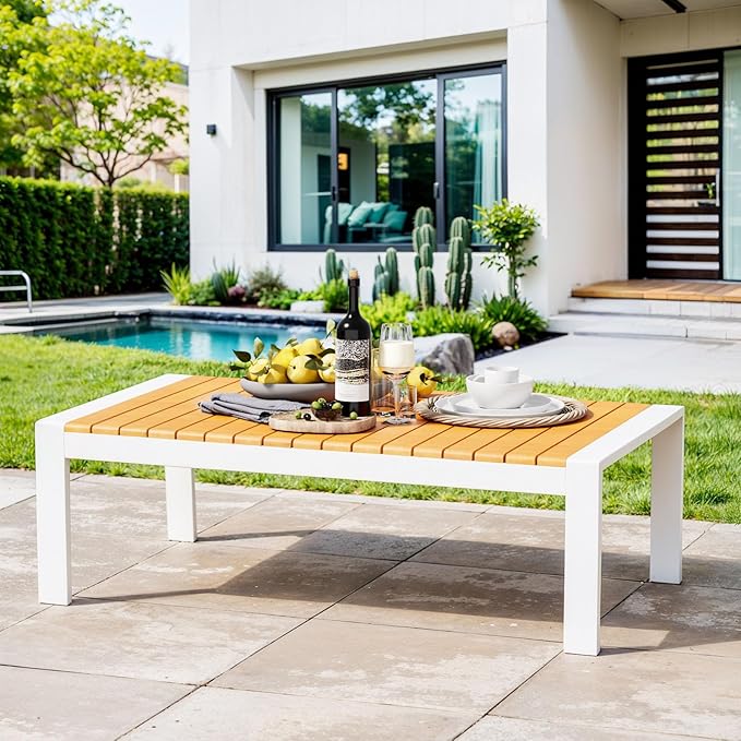 Aluminum Outdoor Patio Coffee Table for for Deck, and Poolside (White, Dark Teak)
