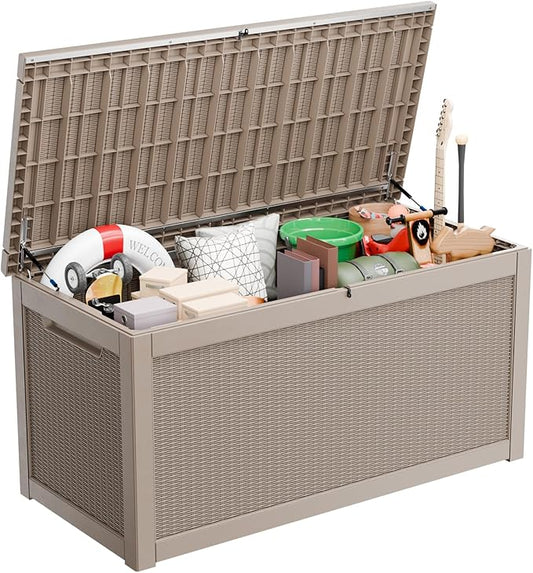 Vixzen 320 Gallon Resin Deck Box, Lockable Outdoor Storage Box for Patio Cushions Storage Furniture,Garden Tools, Pool Supplies, Weatherproof and UV Resistant- Grey