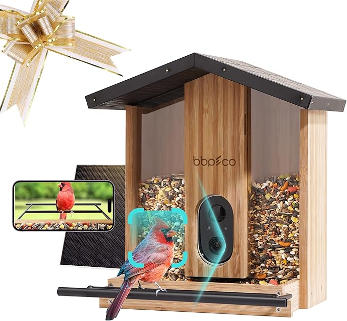 BBPECO Bird Feeder with Camera Solar Powered, Smart Bird Feeder with AI Identify for 10000 Plus Species, Auto Capture & Real-time Notifications, Ideal Gift for Birdwatching, Bamboo