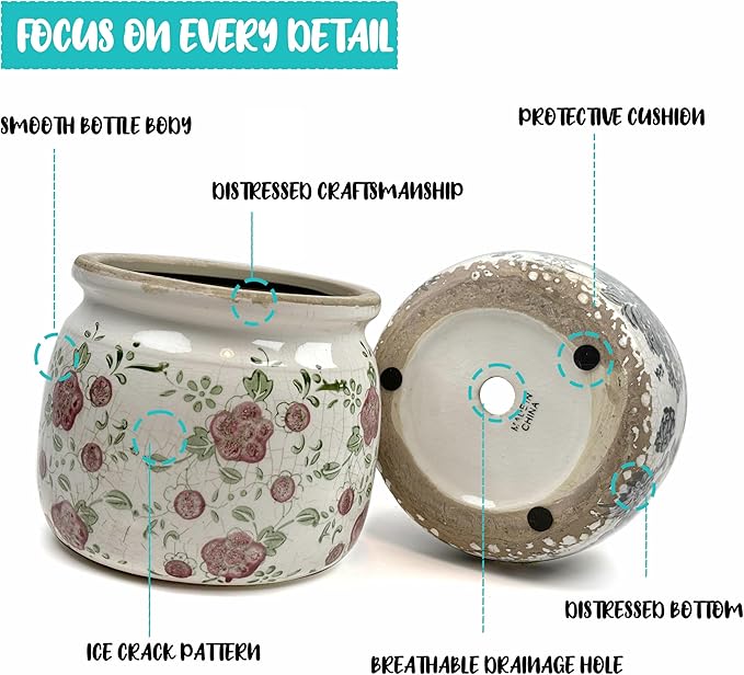 Vintage Ceramic Ice Crack Flower Pot with Drainage Holes, Country Rustic Planters for Indoor and Outdoor,Tuscan Decor,Home,Living Room, Garden Decor, Gardening Gift (Tropical)