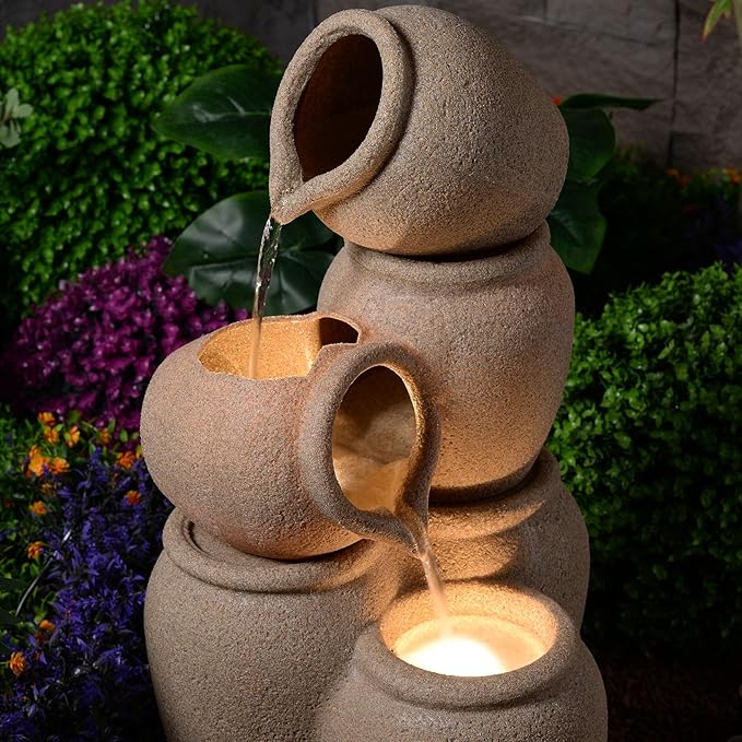 Puulye 29.53" H Outdoor Water Fountain Made with Eco-Friendly Recyclable Materials, Polyethylene Cascading Waterfall Outdoor Fountain, Garden Decor with LED Light & Pump for Patio, Backyard