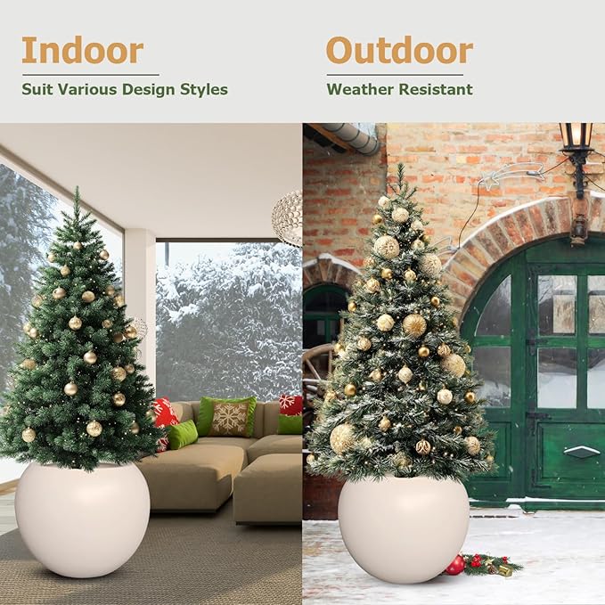 9.7"H x 12"D Globo Fiberstone Round Planter - Christmas Tree Planter, Smooth Finishes, Weather Resistant for Indoor & Outdoor Use, Included 2 Extra Coco Mats (Kilim Beige, 7.8" Pot Opening)