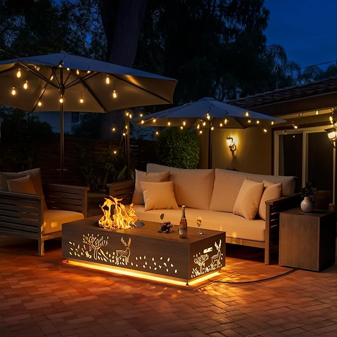 48" Round Burner Propane Fire Pit Table with LED Light – 50,000 BTU Fire Pit Table with Lid, Rocks, Cover and Tank Storage - Modern Outdoor Large Fire Table (Grey/Deer Cutout, 48" LED)