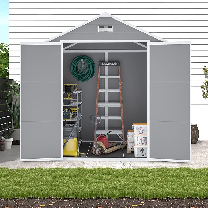 Resin Storage Shed 6x5ft?Outdoor Storage Sheds with Floor, HD Window, Lockable Doors and Vents, Tool Shed for Bike, Garden, Backyard,Lawn, All Weather Use (Grey, 6 * 5ft)