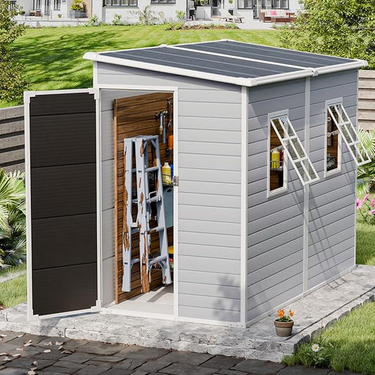 8x4 Outdoor Storage Shed, Lean to Shed with Floor for Patio and Garden, Waterproof Resin Plastic Storage Unit with Lockable Door & Awning Windows