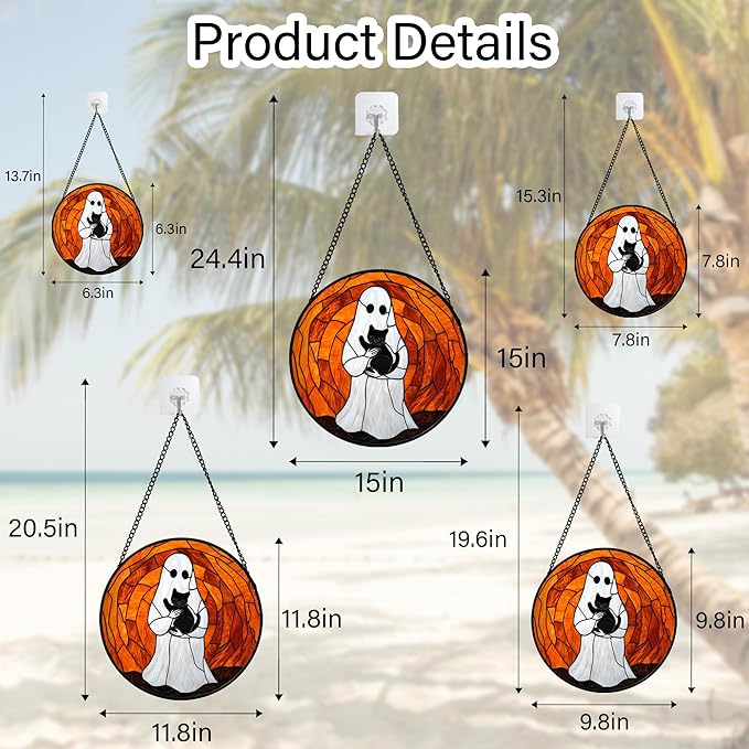 CRISGIF Stained Glass Window Hanging - Halloween Cute White Ghost Black Cat Suncatcher for Doors Garden Home Spooky Orange Sun Catchers Gothic Decor Horror Gift for Women Men Friend Boy Girl 6.3 in